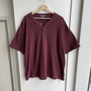 y2k Basic Equipment Brown Ribbed Knit Henley Short-Sleeve | 2X